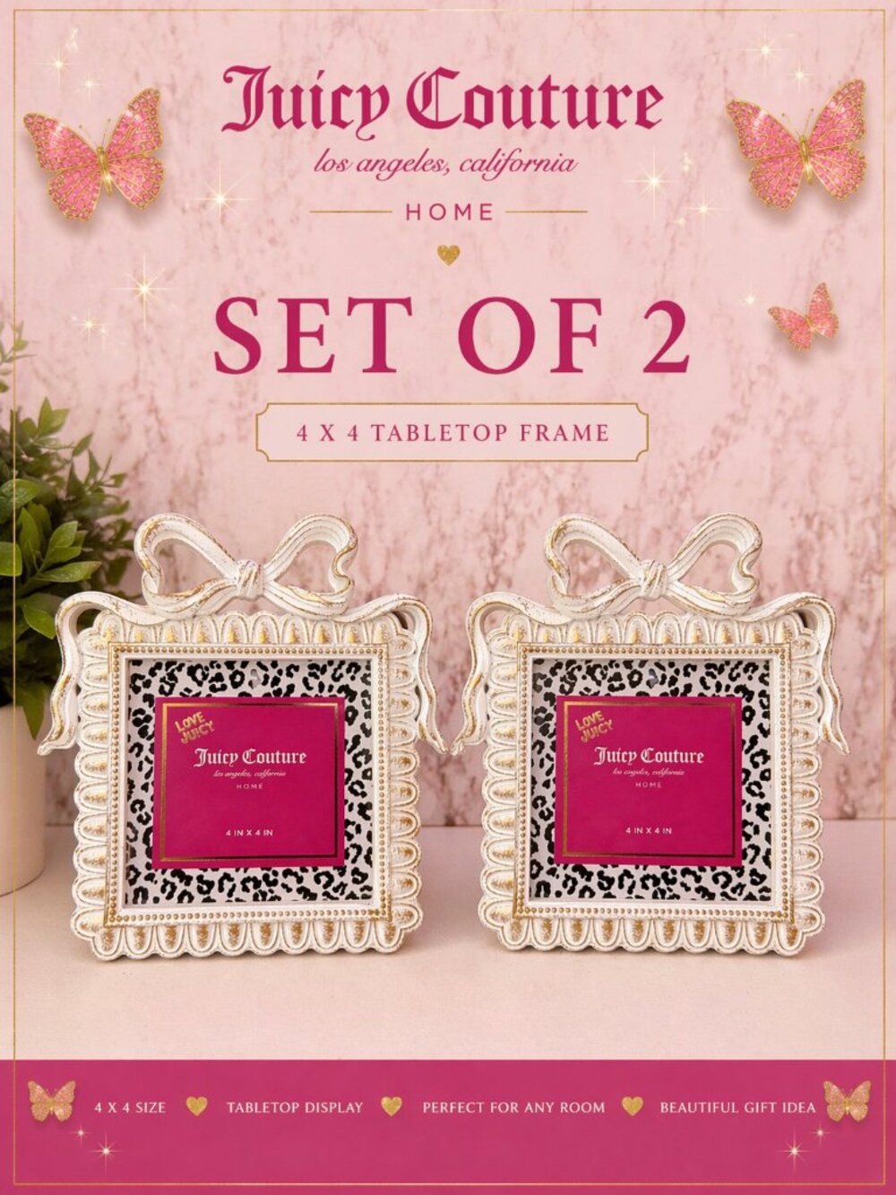 Juicy Couture Bow Picture Frame 4x4 White Gold Set of 2 NEW Tabletop Display